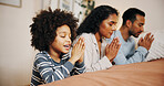 Family, bed and praying with hands together for faith, christianity religion or belief on fabric sheets at home. Mom, dad and child with hope or gratitude for god, holy routine or worship in bedroom