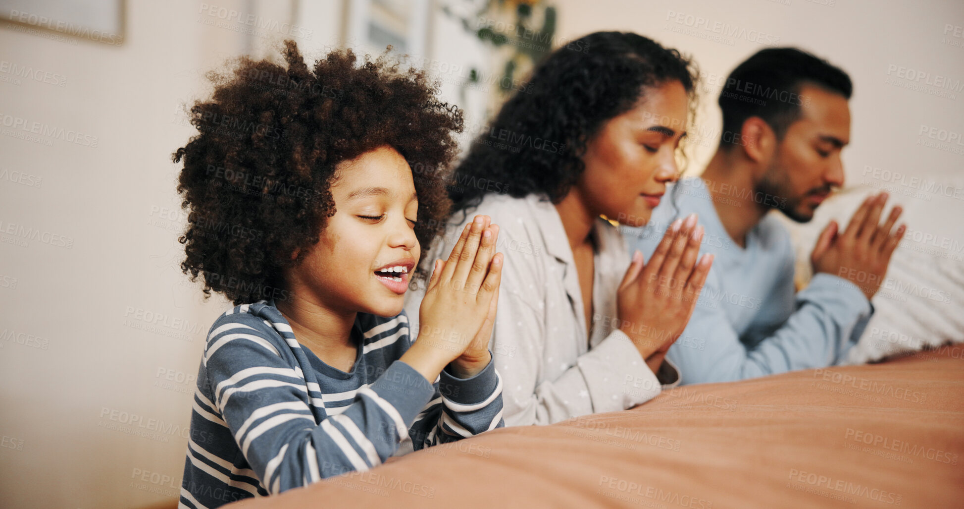 Buy stock photo Family, bed and praying with hands together for faith, christianity religion or belief on fabric sheets at home. Mom, dad and child with hope or gratitude for god, holy routine or worship in bedroom