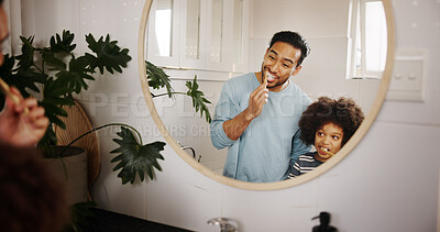 Buy stock photo Mirror, brushing teeth and father with child in bathroom for hygiene, wellness and morning routine. Dental care, family and dad with boy kid for oral health treatment with bonding together in home.