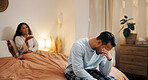 Frustrated couple, ignore or bed with fight for disagreement, cheating affair or argument at home. Upset, man or woman with stress for toxic relationship, breakup or divorce in bedroom at house
