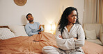 Upset couple, ignore or bed with fight for disagreement, cheating affair or argument at home. Frustrated, man or woman with stress for toxic relationship, breakup or divorce in bedroom at house