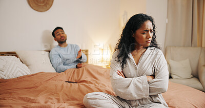 Buy stock photo Upset couple, ignore or bed with fight for disagreement, cheating affair or argument at home. Frustrated, man or woman with stress for toxic relationship, breakup or divorce in bedroom at house