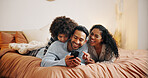 Happy family, relax and laughing with phone on bed for funny joke, meme or social media at home. Mom, dad and child with smile for comedy, humor or online entertainment on mobile smartphone at house