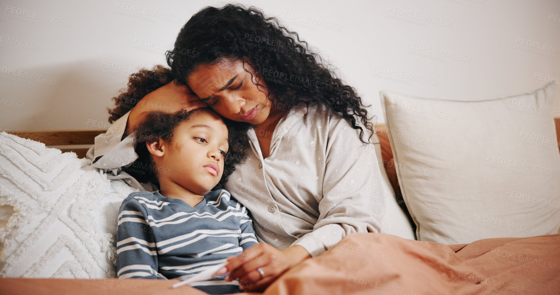 Buy stock photo Thermometer, sick and mother with boy, bedroom and illness with flu symptoms, check for cold and help. Home, parent and kid with mama, childhood and virus with infection, support and fever with rest