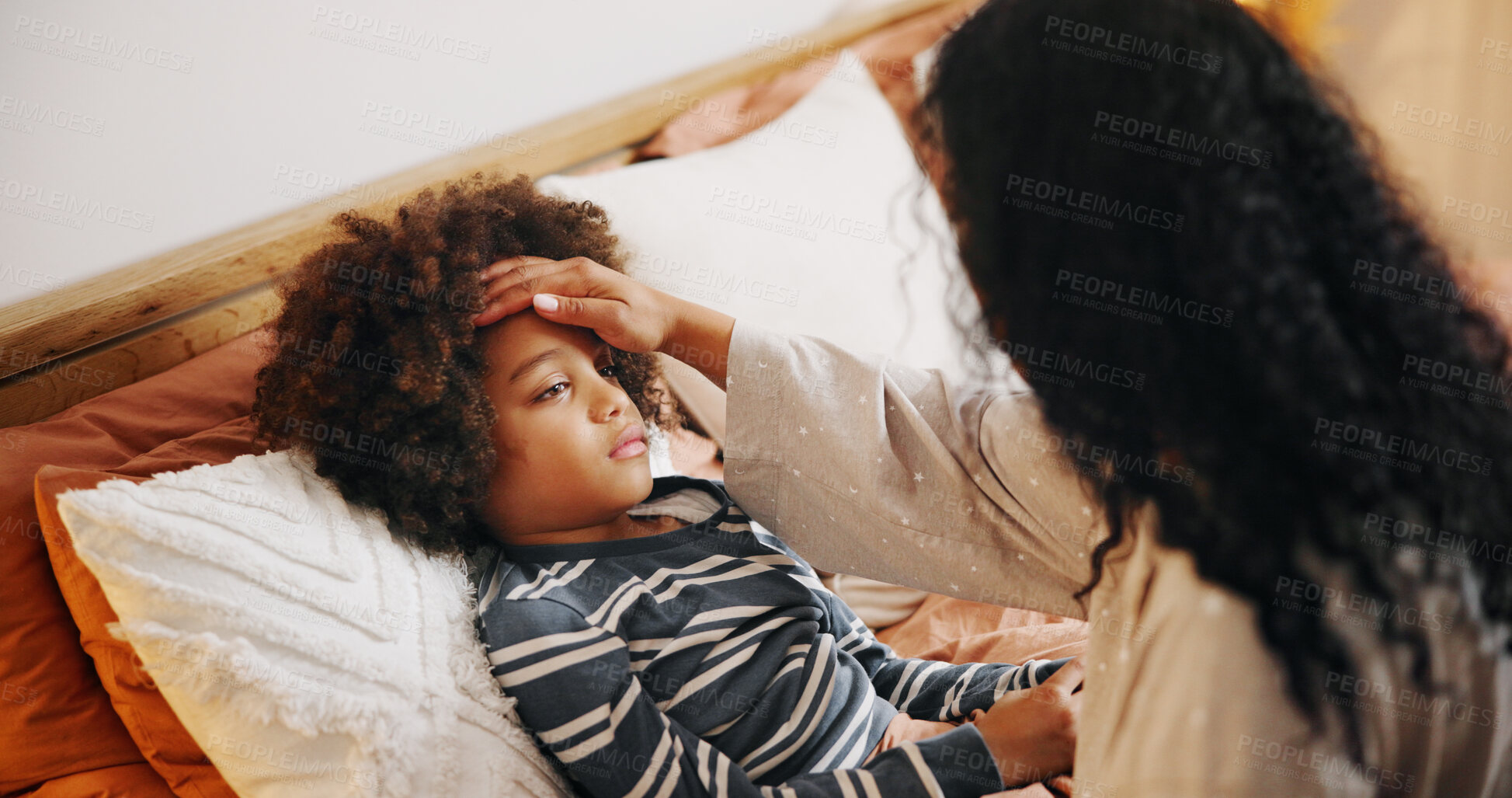 Buy stock photo Home, sick and mother with boy, bedroom and illness with flu symptoms, check for cold fever and help. Apartment, parent and kid with mama, child and virus with infection, support and trust with rest