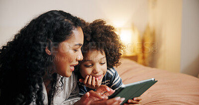 Buy stock photo Home, mother and boy with tablet, smile and bonding together with bedroom, relaxing and social media. Family, apartment and parent with mama, child and tech with entertainment, help and connection
