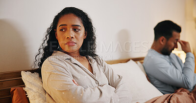 Buy stock photo Frustrated couple, bed and ignore with argument for cheating affair, fight or disagreement at home. Upset, man or woman with dispute in bedroom conflict for toxic relationship, breakup or divorce