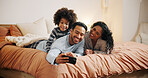 Happy family, relax and selfie with picture on bed for photography or memory together at home. Mom, dad and child lying with smile in bedroom for capture moment, social media or online post at house