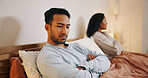 Upset couple, bed and ignore with argument for cheating affair, fight or disagreement at home. Frustrated, man or woman with dispute in bedroom conflict for toxic relationship, breakup or divorce
