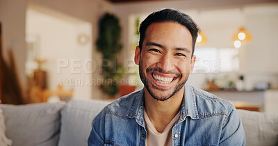 Buy stock photo Smile, relax and portrait of man in new home with confidence for property ownership. Happy, pride and male person from India with calm, peace and positive attitude in living room at apartment.