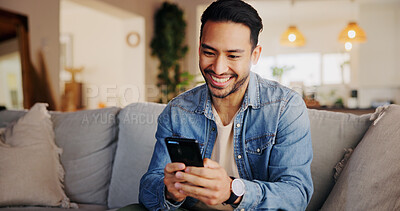 Buy stock photo Phone, relax and man on sofa in home for networking, social media or online communication. Happy, cellphone and male person chatting on dating app for contact or connection in living room at house.