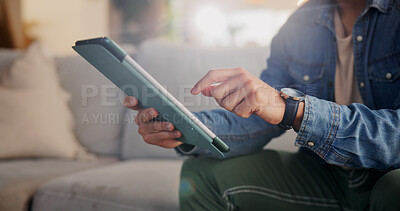 Buy stock photo Home, sofa and hands with tablet for connection, streaming online and scroll for movie selection. Closeup, lounge and person with digital for application, check platform and social media in house