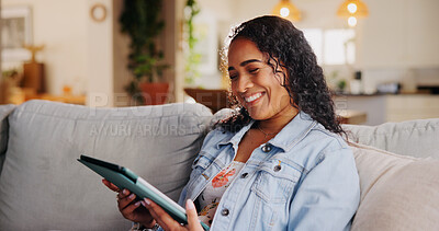 Buy stock photo Home, couch and woman with tablet for laughing, streaming online and entertainment with comedy show. House, lounge and female person with digital for application, funny video or happy on social media