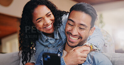 Buy stock photo Hug, couple and mobile in home with happiness, love and bonding together with social media on weekend. Phone, man and woman in living room streaming comedy, funny story and internet meme to relax
