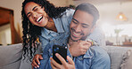 Laugh, couple and mobile in home for funny video, social media and bonding together with online meme on weekend. Phone, happy man and woman in living room for joke, streaming comedy and holding hands