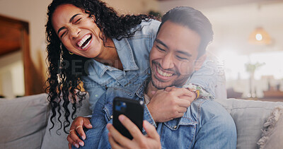 Buy stock photo Laugh, couple and phone in home for funny video, social media and bonding together with online meme on weekend. Tech, happy man and woman in living room for joke, streaming comedy and holding hands