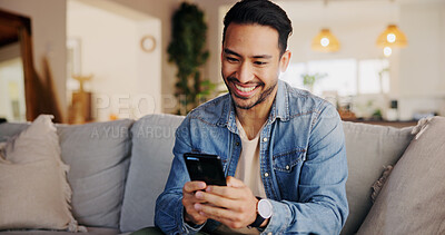 Buy stock photo Phone, happy and man on sofa in home for networking, social media or online communication. Relax, cellphone and male person chatting on dating app for contact or connection in living room at house.