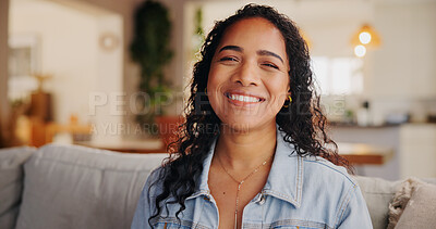 Buy stock photo Happy woman, portrait and relax on sofa for holiday, weekend or free time at home. Face, female person or smile in joy with comfort or morning for indoor break, chill or rest at house in Mexico