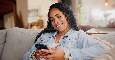 Buy stock photo Sofa, woman and laughing with smartphone for chat, online joke and connection with contact. Home, female person and smile with cellphone for application, funny conversation and meme on social media