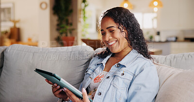 Buy stock photo Home, sofa and woman with tablet for laughing, streaming online and entertainment with comedy show. House, lounge and female person with digital for application, funny video and happy on social media