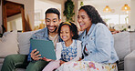 Home, girl and parents with tablet, funny and relax with social media, happiness and laugh in lounge. Family, apartment and mother with father, child or tech with online video, joke and entertainment