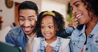 Buy stock photo Happy family, silly face and laughing with tablet for funny selfie, picture or bonding at home. Mom, dad and daughter with goofy smile on technology or app for humor, comedy or joke together at house