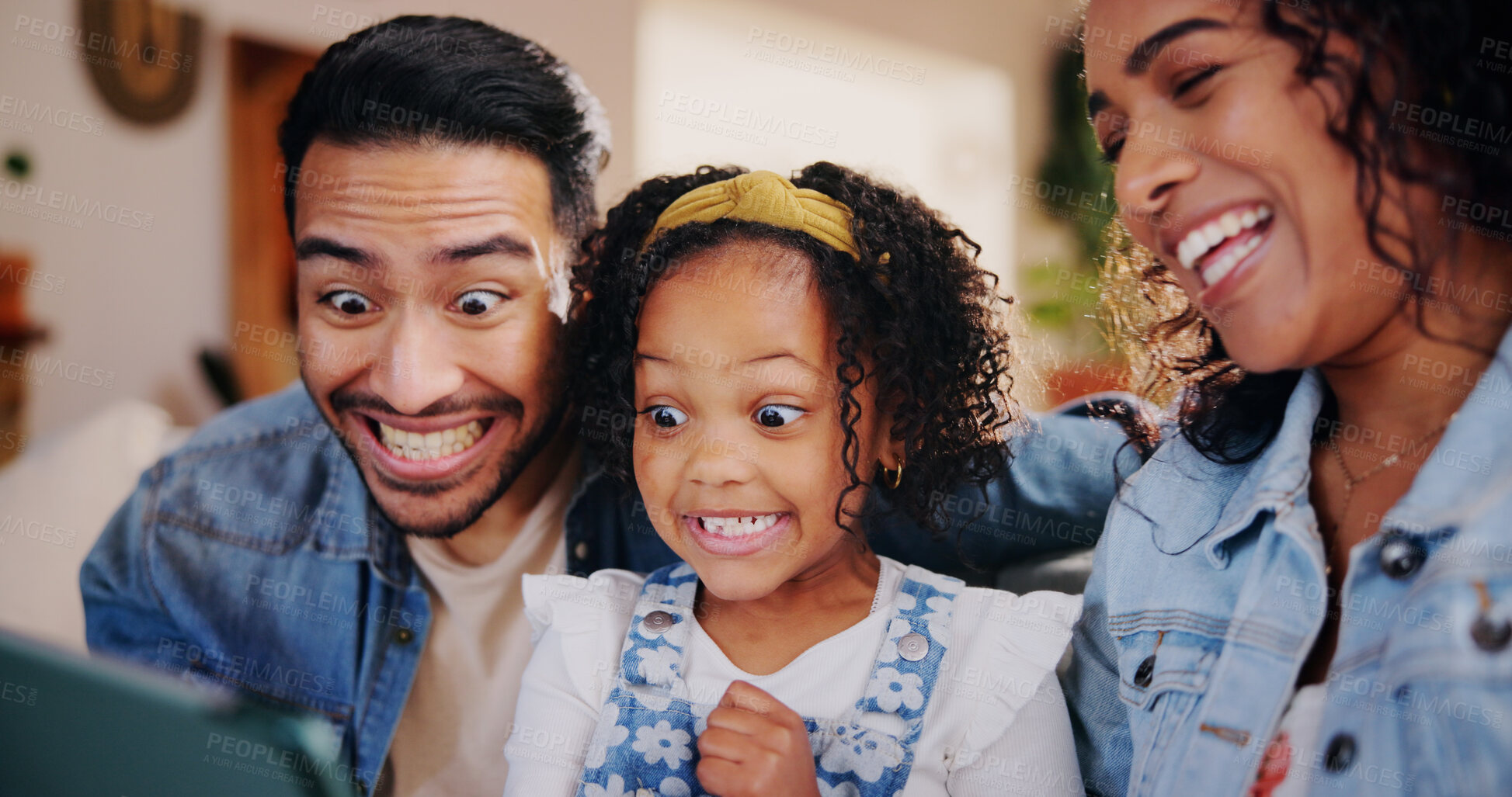 Buy stock photo Happy family, silly face and laughing with tablet for funny selfie, picture or bonding at home. Mom, dad and daughter with goofy smile on technology or app for humor, comedy or joke together at house