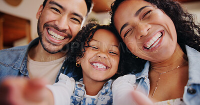 Buy stock photo Selfie, happy and portrait of parents with child in home for memory, profile picture or social media. Smile, love and girl kid with mother and father for photography together in family house.