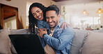 Home, couple and hug with laptop for laughing, streaming online and check movie for bonding together. Sofa, woman and man with technology for entertainment website, platform and happiness with love