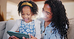 Mother, child and laugh with tablet in home for comedy movie, funny joke or streaming show together. Girl, kid and parent with tech on sofa for learning or play game on internet with happy family