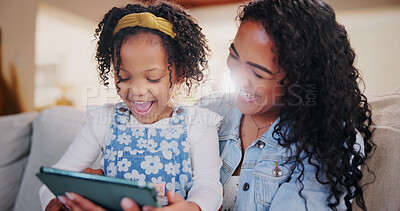 Buy stock photo Mother, child and laugh with tablet in home for comedy movie, funny joke or streaming show together. Girl, kid and parent with tech on sofa for learning or play game on internet with happy family