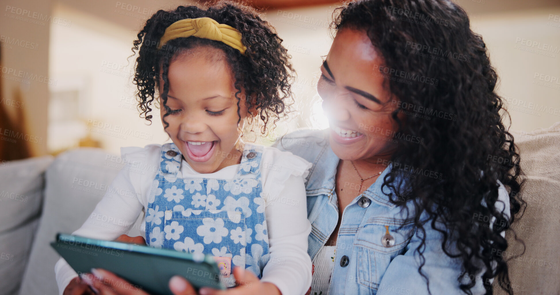 Buy stock photo Mother, child and laugh with tablet in home for comedy movie, funny joke or streaming show together. Girl, kid and parent with tech on sofa for learning or play game on internet with happy family