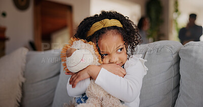 Buy stock photo Comfort, girl and teddy bear with couple fighting in home for domestic abuse, fear or violence. Conflict, hug or trauma and scared child in apartment with parents arguing for custody or dispute