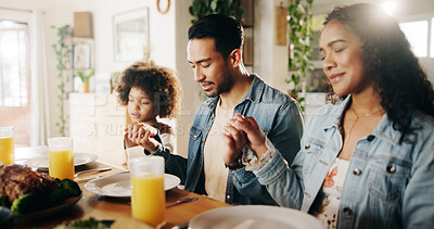 Buy stock photo Dinner, parents and child holding hands with prayer in home for grace, gratitude and thankful for food. Spiritual family, people and blessing lunch with thanksgiving, religious and praise together