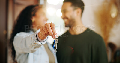 Buy stock photo Couple, hand and keys with new home, moving in and finance investment together. Excited man, woman and smile with property, real estate or house for mortgage loan, homeowner and relocation success