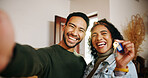 Couple, selfie and keys with new home, moving in and finance investment together. Excited man, woman and smile with property, real estate or house for mortgage loan, renovation and relocation success