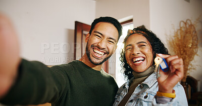 Buy stock photo Couple, selfie or keys with new home, moving in or finance investment together. Man POV, woman or social media with property, real estate or house for online post, mortgage loan or relocation success
