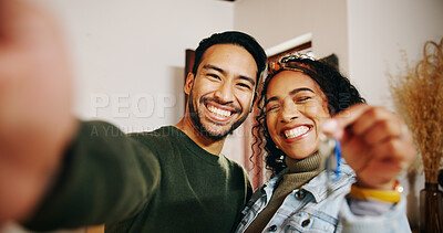 Buy stock photo Couple, selfie and keys with new home, property and finance investment together. Man, woman and social media with moving in, real estate or house for online post, mortgage loan and relocation success