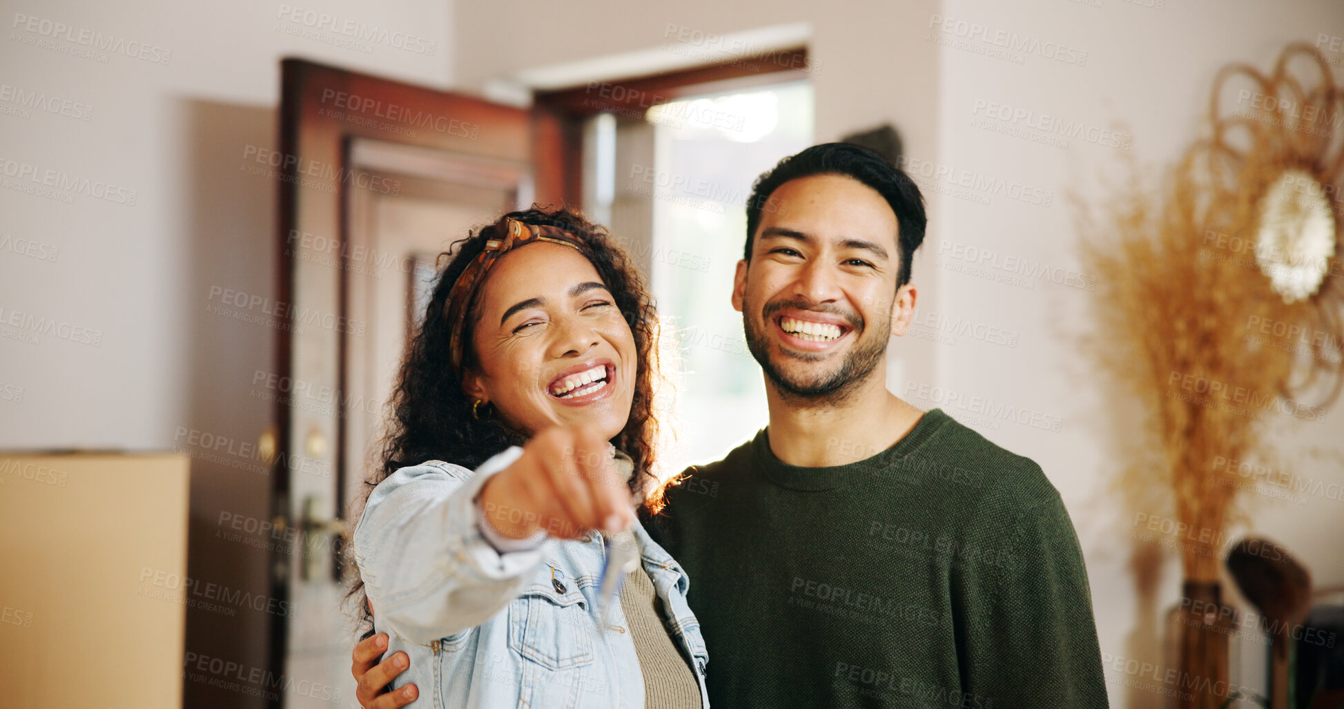 Buy stock photo Couple, smile and keys with new home, moving in and finance investment together. Excited man, woman and happy with property, real estate or house for mortgage loan, renovation and relocation success