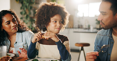 Buy stock photo Eating, happy or parents with child in home for family dinner, healthy meal or bonding at dining table. Love, people or lunch together with food for nutrition, support or relationship with connection