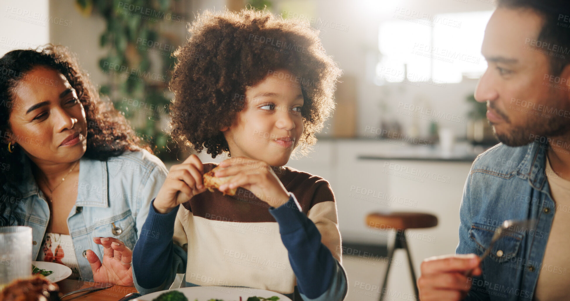 Buy stock photo Eating, happy or parents with child in home for family dinner, healthy meal or bonding at dining table. Love, people or lunch together with food for nutrition, support or relationship with connection