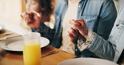 Buy stock photo Dinner, closeup and family holding hands with prayer in home for grace, appreciation and thankful for food. Christian people, table and grateful for lunch with gratitude, religion and praise together