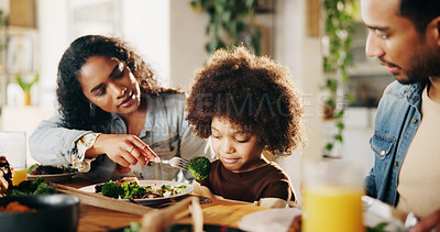 Buy stock photo Child, parents and refuse food in dining of home with eating, feeding or meal together. Dislike, reject or stubborn kid with mother, father and son in apartment for bonding or supper time as family