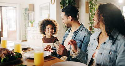 Buy stock photo Dinner, happy and parents with child in home for family gathering, healthy feast and bonding at dining table. Support, interracial people and eating together for nutrition, lunch event and connection