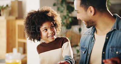 Buy stock photo Dinner, happy and father with child in home for family brunch, conversation and bonding at dining table. Support, people or smile at lunch together for nutrition, relationship or connection with love