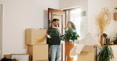 Buy stock photo Couple, boxes and moving in with new home, relocation and finance investment together. Excited man, woman and smile with property, real estate or house for mortgage loan with boxes and success