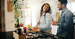 Kitchen, couple and laughing with vegetables for cooking, nutrition and bonding together in home. Peppers, man and woman with chopping board for meal prep, diet and support in marriage for dinner