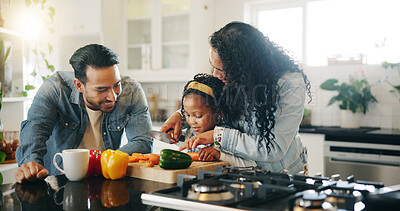 Buy stock photo Kitchen, family and help with vegetables for cooking, nutrition and bonding together in home. Daughter, man and woman with chopping board for meal prep, teaching and support with girl and mother