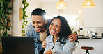 Kitchen, couple and hug with laptop for laughing, support and bonding together with online shopping. Home, man and woman with technology for internet banking, funny joke and love in relationship