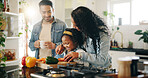 Kitchen, family and learning with vegetables for cooking, nutrition and bonding together in home. Daughter, man and woman with chopping board for meal prep, teaching and support with girl and mother